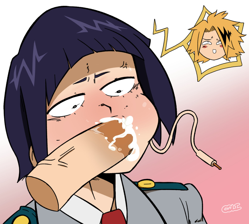 angry blowjob blush cheek_bulge coli cum cum_in_mouth denki_kaminari fanon_couple fellatio kyoka_jiro line_through_pupils my_hero_academia oral semen short_hair u.a._school_uniform