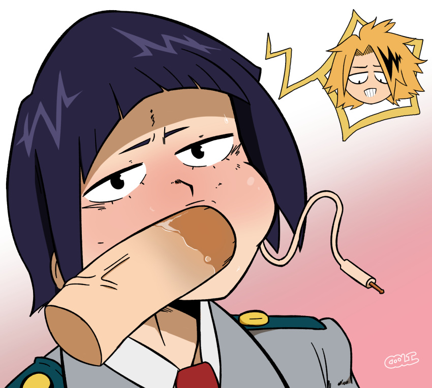 annoyed blowjob blush cheek_bulge coli denki_kaminari fanon_couple fellatio grin kyoka_jiro looking_at_viewer my_hero_academia oral penis short_hair u.a._school_uniform