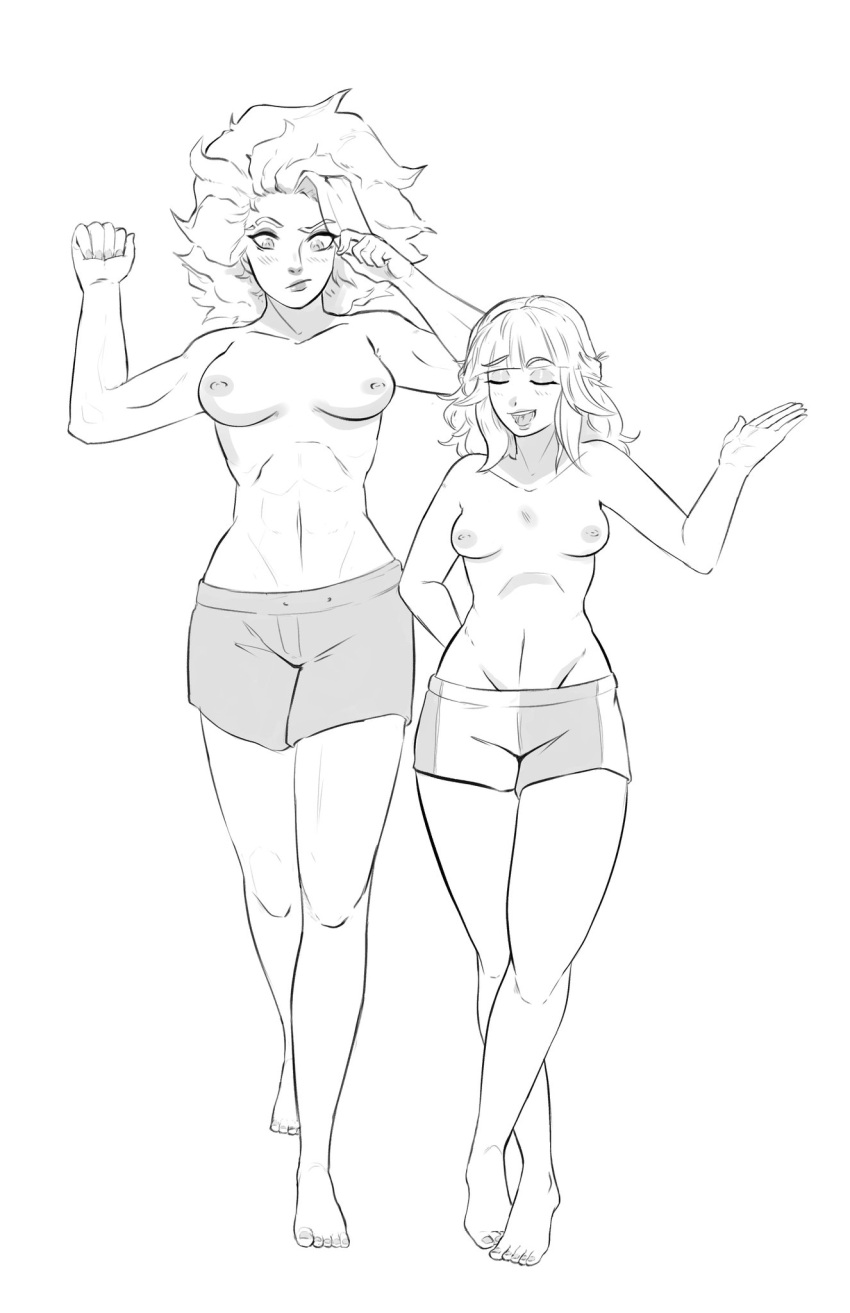 2girls abs breasts closed_eyes eyes_closed female female_only height_difference league_of_legends looking_down medium_breasts monochrome muscular muscular_female nipples no_bra open_mouth qiyana_yunalai quro rell_(league_of_legends) small_breasts standing swim_trunks topless white_background wholesome wholesome_topless