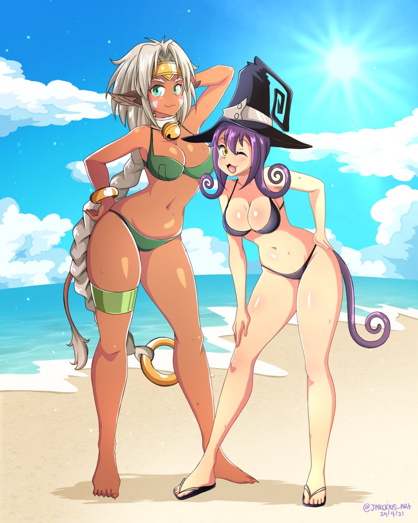 2girls aisha_clanclan animal_ears artist_name barefoot beach bikini blair blair_(soul_eater) breasts circlet crossover dark-skinned_female dark_skin female female_only green_eyes hand_on_hip humanoid jarckius large_breasts long_hair outdoors outlaw_star outside purple_hair silver_hair soul_eater tagme tail white_hair wink witch_hat yellow_eyes