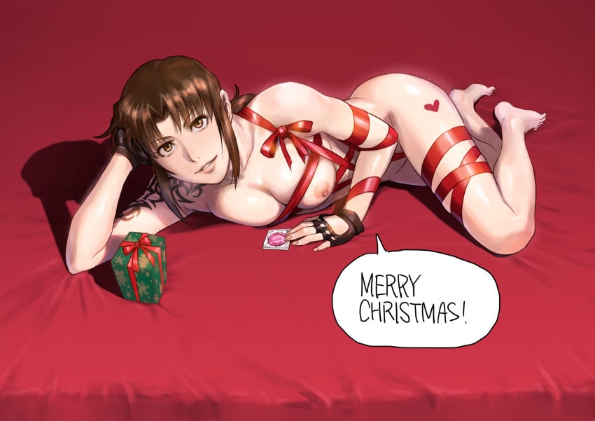 1girls azasuke barefoot big_breasts black_lagoon breasts brown_eyes brown_hair christmas condom dialogue female female_only fingerless_gloves gift_wrapped gloves human looking_at_viewer nipples present revy shoulder_tattoo solo solo_female speech_bubble tattoo