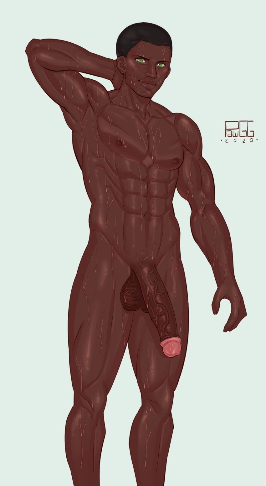 1boy 2020 abs artist_name balls ballsack beard_stubble big_penis black_hair dark-skinned_male dark_skin erect_nipples facial_hair feet_out_of_frame flaccid_penis foreskin foreskin_folds green_eyes hand_behind_head human intact large_penis lean_muscle looking_at_viewer male male_only muscles muscular_male naked nude_male pawgg pecs penis retracted_foreskin scrotum shaved_crotch six_pack smooth_skinned_male solo sweating testicles uncut veiny_penis