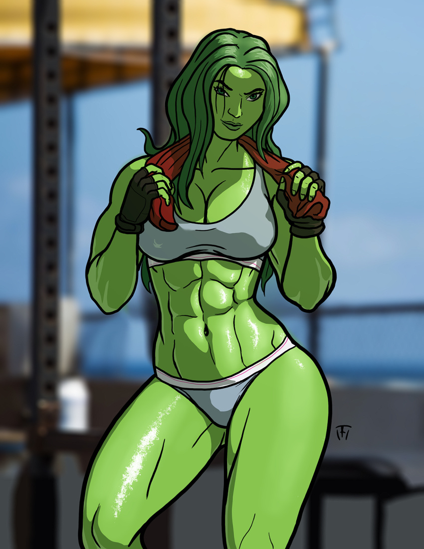 1girls abs big_breasts female female_only fingerless_gloves gloves green_body green_eyes green_hair green_skin hulk_(series) marvel marvel_comics she-hulk solo sports_bra sports_panties taynor_hook thighs toned toned_female