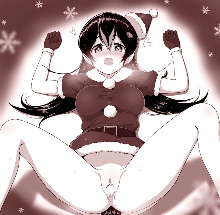 after_sex after_vaginal arms_up blush bottomless breasts cum cum_in_pussy female gentoo_penguin_(kemono_friends) gloves hair_between_eyes happy_sex hat highres kemono_friends long_hair lying medium_breasts on_back pussy santa_costume santa_hat sex simple_background snowflakes spread_legs tail watayoshi_(suiiho)