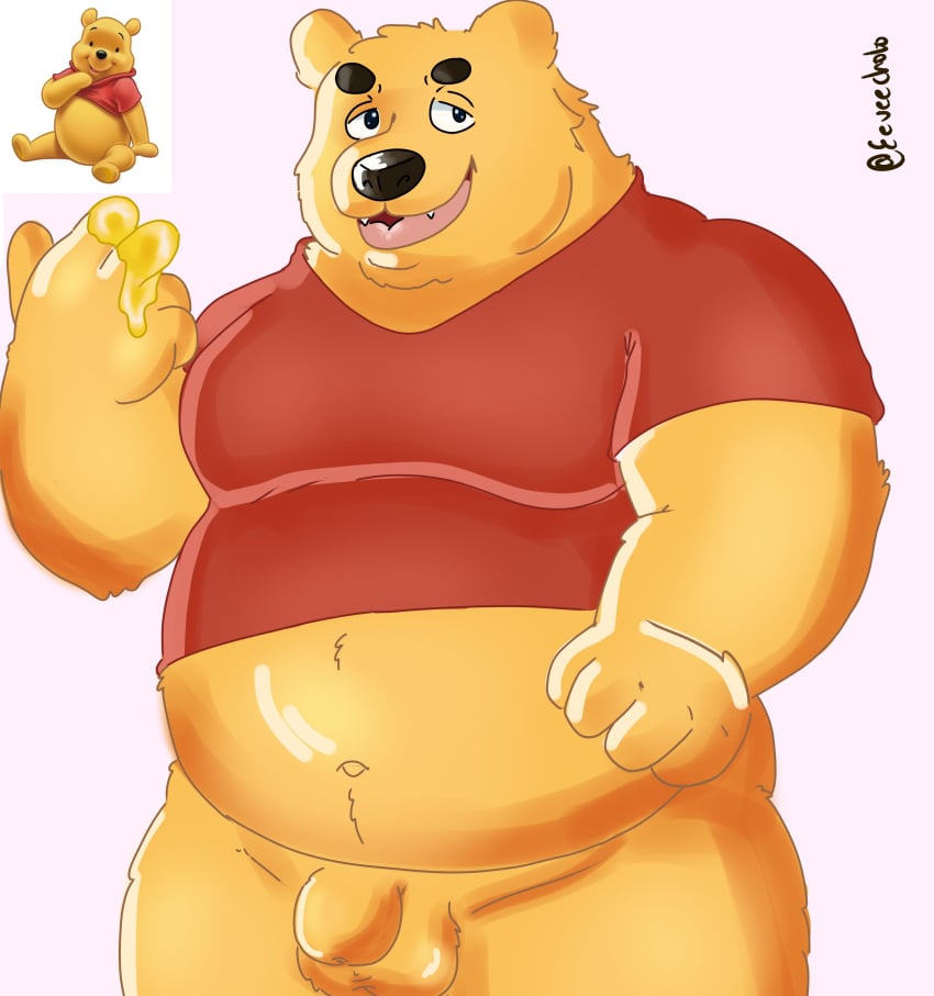 1boy 2020 absurd_res anthro balls black_nose bro_what clothing disney eeveecholo food fur hi_res honey_(food) humanoid_hands male male_only mammal overweight overweight_anthro overweight_male pooh_bear sheath shirt simple_background solo solo_male straight_hair topwear ursid winnie_the_pooh_(franchise) yellow_body yellow_fur