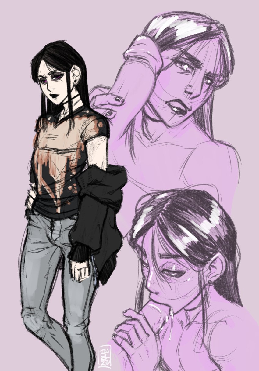 1boy 2020 androgynous artist_name artist_signature asarkadraws black_lipstick black_nails blowjob choker cum cum_in_mouth earrings eyeshadow gay goth hair_strand hoodie jeans long_hair male male_only oral original original_character penis purple_eyes sketch_page tweedlr