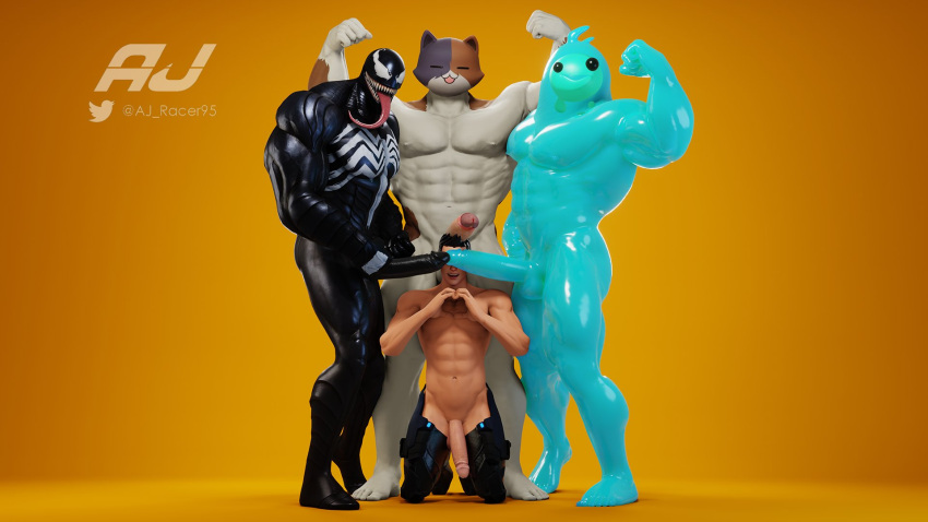 3d 4boys aj_(aj_racer95) aj_racer95 anthro artist_self-insert erection flexing fortnite gay large_penis male_only marvel marvel_comics meowscles_(fortnite) muscular nipples original_character rippley simple_background slurp_(fortnite) smooth_skin venom_(marvel)