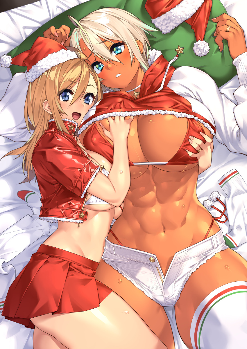 2girls abs absurd_res blonde_hair blue_eyes breast_grab breasts christmas cleavage couple daisy_dukes dark-skinned_female dark_skin female female_only highres huge_breasts large_breasts looking_at_viewer midriff muscular_female original santa_hat sela_(sela_god) sela_god ursula_(sela_god) wedding_ring wife_and_wife yuri