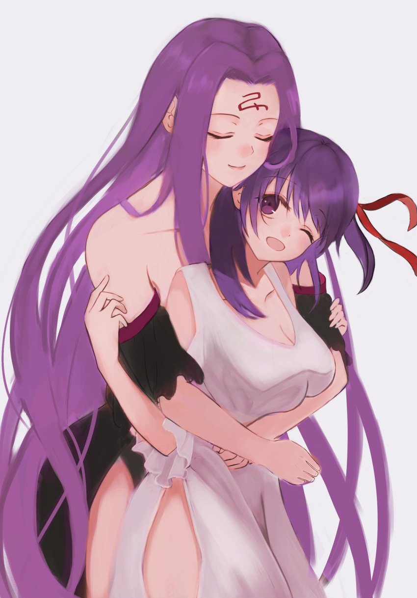 2girls fate/stay_night fate_(series) female_only hug_from_behind long_hair matou_sakura medusa_(fate) smile yuri