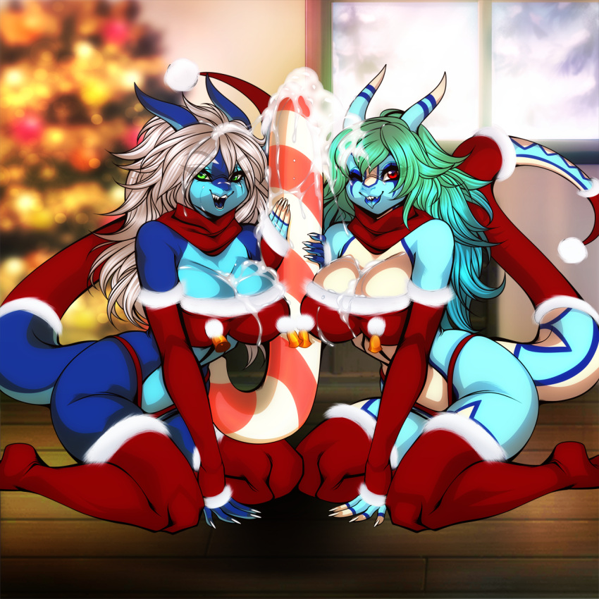 2girls anthro armwear ass bell big_breasts breasts candy candy_cane christmas clothing crystal-for-ever cum dessert digimon digimon_(species) dragon duo elbow_gloves femacendramon female food furgonomics gloves gradient_hair hair handwear hi_res holidays inviting legwear lingerie looking_at_viewer markings messy multiple_girls panties placiramon red_eyes stockings sugar syrup tail_clothing tail_warmer thick_thighs turquoise_hair underwear white_hair winking_at_viewer