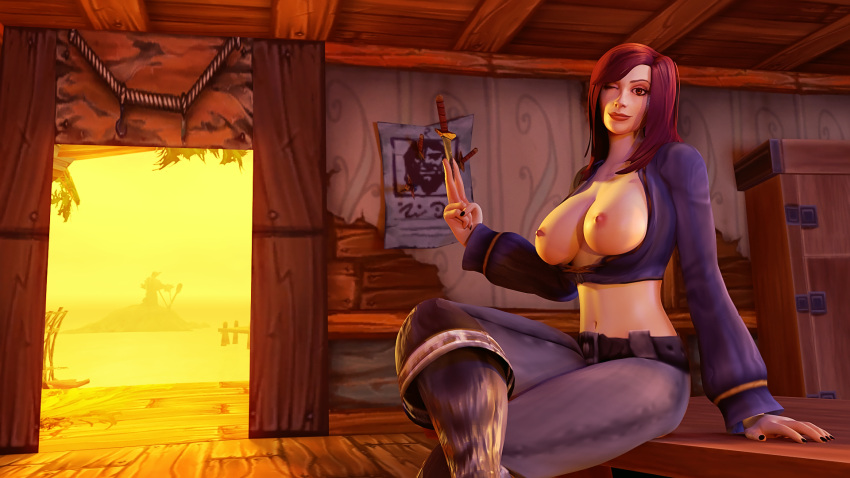 1girls breasts female human legs_crossed mystmantle nipples pirate solo warcraft world_of_warcraft wow