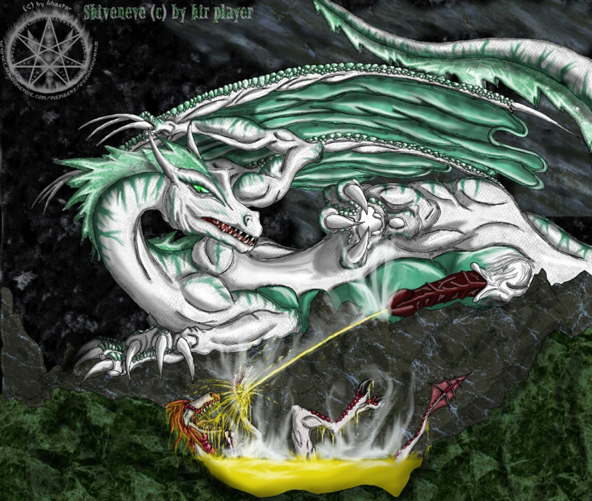 2006 ahastar ahastar_(artist) anthro bodily_fluids dinosaur dragon dromaeosaurid duo english_text feral genital_fluids green_hair green_wings hair male open_mouth reptile scales scalie shiveneve steam text theropod urine watermark watersports western_dragon white_body white_scales wings