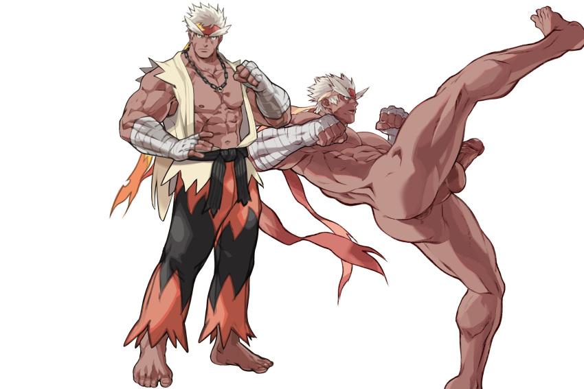 1boy abs bandages bara bare_pecs black_pants blaziken blonde_hair blue_eyes body_hair chain_necklace dark-skinned_male dark_skin dizdoodz fighting_stance full_body gen_3_pokemon hand_on_hip headband highres kicking leaning_back looking_at_viewer male male_focus male_only multiple_views muscular muscular_male nipples nude pants pectorals penis personification pokemon pokemon_(species) precum shirt short_hair simple_background sleeveless solo spiked_hair stomach testicles thick_eyebrows thick_thighs thighs torn_clothes torn_shirt uncensored veins veiny_penis yellow_background