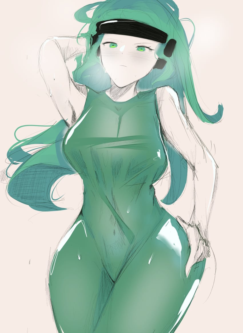 annoyed big_breasts grabbing_own_ass green_eyes green_hair gwain_saga headgear long_hair marlow marlow_(gwain_saga) skinsuit sleeveless steam sweat thick_thighs