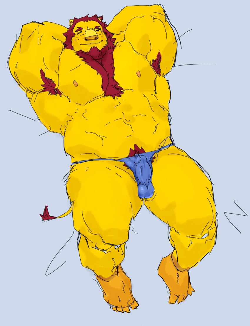 2020 abs animal_crossing anthro armpit_hair balls_outline barazoku big_muscles body_hair bulge chest_hair closed_eyes clothed clothing erection erection_under_clothing eyewear felid freckles genital_outline glasses grey_background hands_behind_back hi_res lion lying male male_only mammal mane mott_(animal_crossing) muscular muscular_anthro muscular_male navel nintendo nipples obliques on_back pantherine pecs penis_outline pubes simple_background solo thick_thighs thong tora_gy underwear video_games yellow_body