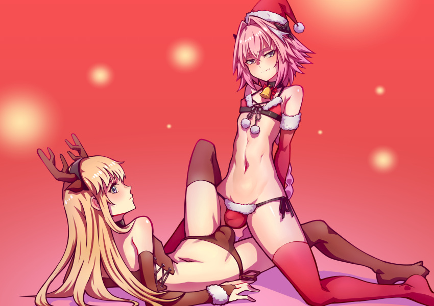 2boys androgynous astolfo_(fate) blonde_hair blue_eyes blush braided_hair bulge chevalier_d'eon_(fate) christmas christmas_outfit fate/grand_order fate_(series) femboy flat_chest girly hej long_hair male male_only penis_bulge pink_hair santa_hat testicles testicles_touching thighhighs thighs thong