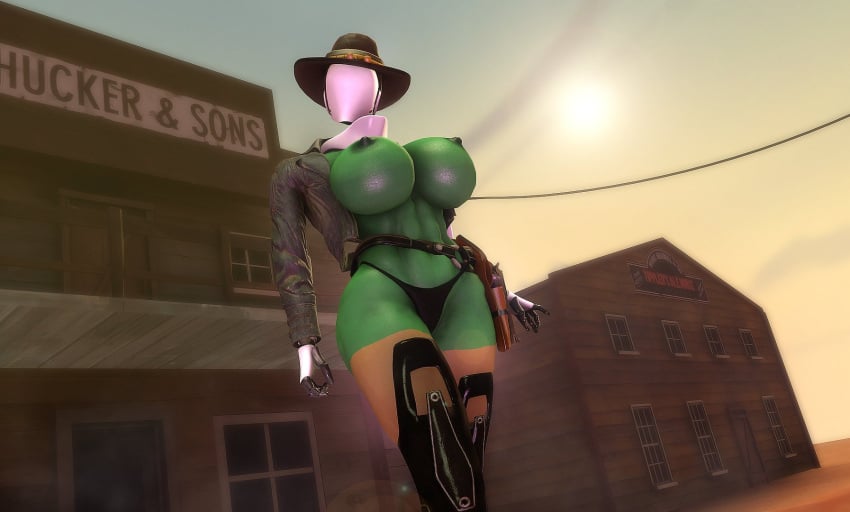 1girls 3d big_breasts breasts cowgirl_hat cowgirl_outfit female female_only gun_holster hat haydee haydee_(game) holster huge_breasts jacket looking_at_viewer nipples outside panties robot robot_girl rodler-h8 solo thick_thighs wide_hips