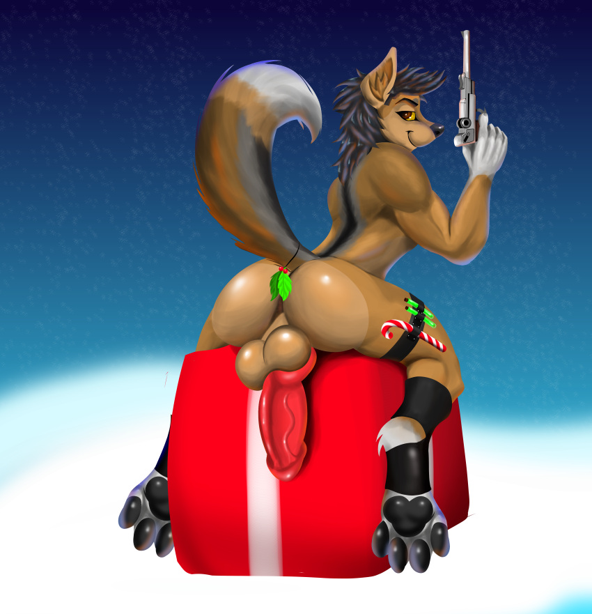 1boy absurd_res accidental_holly anthro ass balls canid canine canis christmas coyote furry_only genitals gun hi_res holidays holly_(plant) knot male male_only mammal penis plant ranged_weapon smartwhitefang solo the_naughty_coyote weapon yiffmas