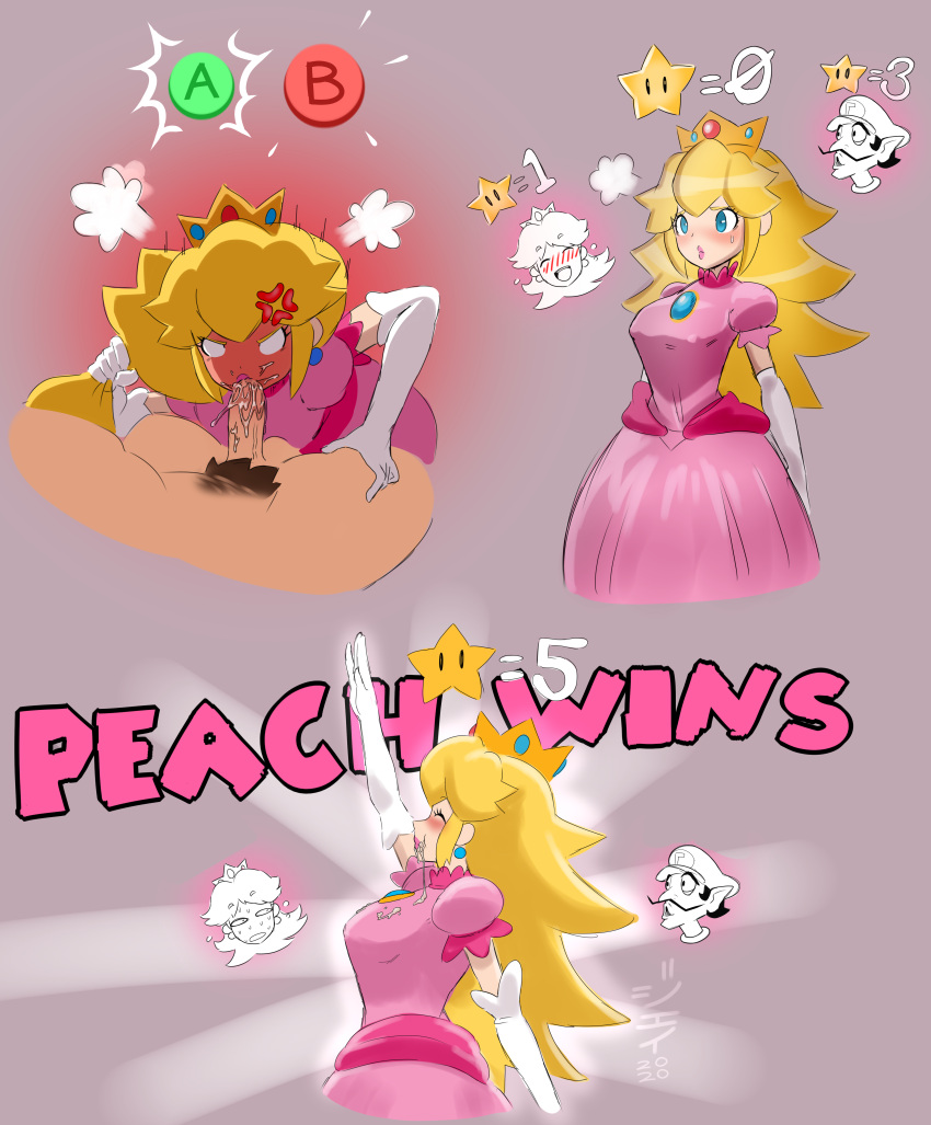 angry blonde_female blowjob clothed cum cum_in_mouth cum_on_clothes cum_on_face english_text gameplay_mechanics holding_hair jaynator1 jaynatorburudragon mario_(series) mario_party nintendo oral pogchamp princess_daisy princess_peach pubic_hair saliva text waluigi