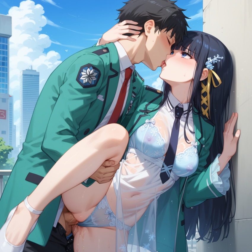 1girl rating:explicit underwear necktie 1boy kiss sex panties leg_lift hetero bra hair_ornament penis see-through long_hair standing black_hair standing_on_one_leg vaginal day against_wall sky blush french_kiss cloud wet_clothes blue_eyes navel bangs pussy wet outdoors tongue leg_up sweat blue_neckwear open_clothes long_sleeves city hair_ribbon saliva white_shirt ai_generated