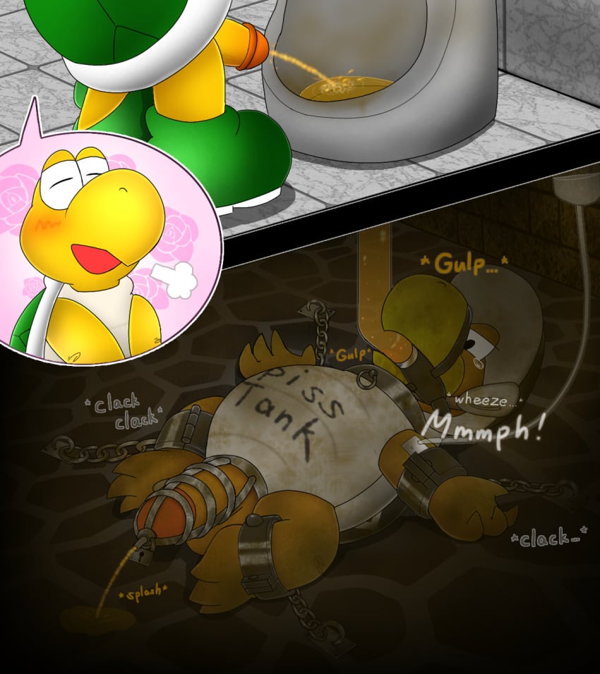 anonymous_artist bathroom bodily_fluids bondage bound chained chains chastity_cage chastity_device collar crying cuffs_(disambiguation) drinking drinking_urine dungeon force_feeding forced gag genital_fluids genitals hammer_bros. hi_res koopa koopa_troopa living_toilet male male/male mario_(series) nintendo peeing penetration penis pipelining public_restroom reptile restrained ring_gag scalie shell slave swallowing tears toilet toilet_slave torture turtle turtle_shell urethral urethral_insertion urethral_penetration urine urine_in_mouth video_games watersports