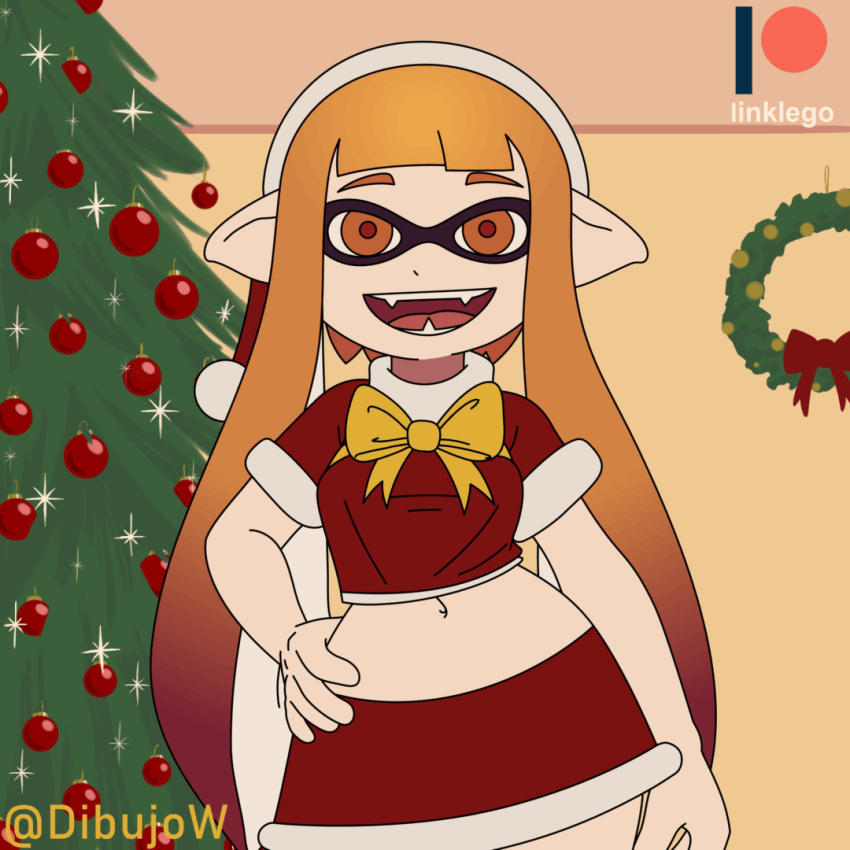 1girls animated boobs bouncing_breasts bra cephalopod cephalopod_humanoid christmas christmas_clothing christmas_outfit christmas_tree clothed clothing happy inkling inkling_girl kaori_(splatoon) linklego looking_at_viewer midriff nintendo orange_hair orange_inkling_girl pointy_ears pseudo_hair santa_costume solo solo_female splatoon wholesome