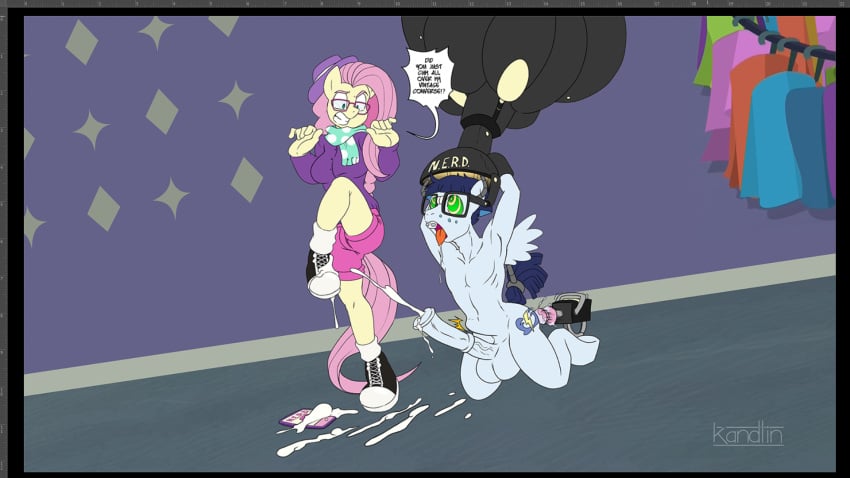 anal animal_genitalia animal_penis anthro bodily_fluids braces brainwashing chimera3xd clothing cum equine_penis eyewear female fluttershy_(mlp) footwear friendship_is_magic genital_fluids genitals glasses hasbro hi_res humiliation kandlin male my_little_pony nerdification penis shoes soarin_(mlp) straight_hair submissive submissive_male wonderbolts_(mlp)