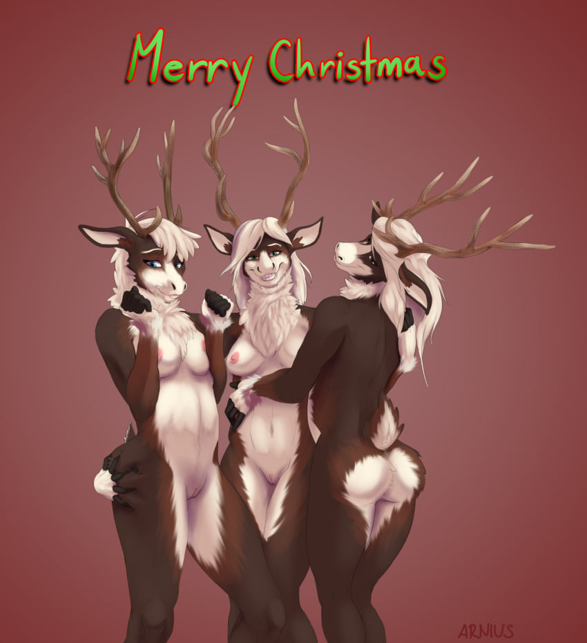 anthro anthro_only arnius ass breasts butt_grab capreoline cervid christmas dancer_(reindeer) dasher female genitals gradient_background group hand_on_butt hi_res holidays mammal merry_christmas nipples nude prancer pussy reindeer shy simple_background standing