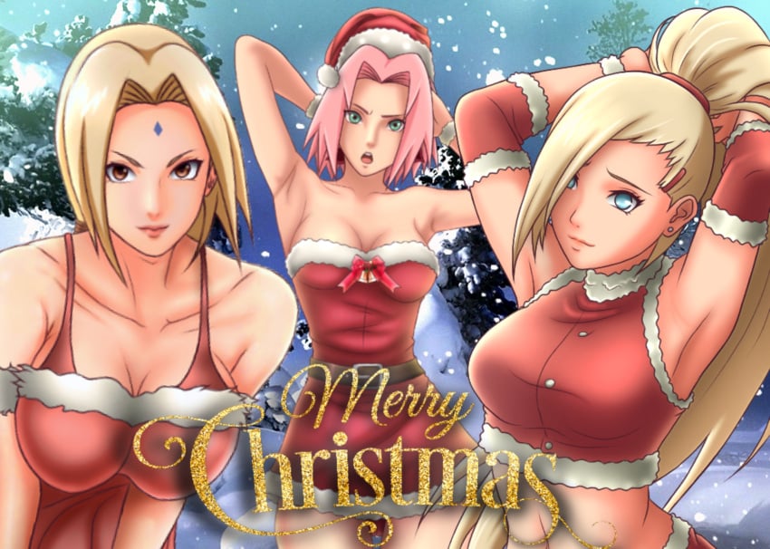 3girls armpits arms_behind_head big_breasts blonde_hair blue_eyes breasts brown_eyes christmas cleavage dress facial_mark female female_only forehead_mark fur_trim green_eyes hair_over_one_eye hat ino_yamanaka lipstick long_hair looking_at_viewer makeup naruto naruto_(series) naruto_shippuden necroxxx outdoors pink_hair ponytail posing sakura_haruno santa_costume santa_hat sleeveless snowing strapless straps tied_hair tsunade twintails