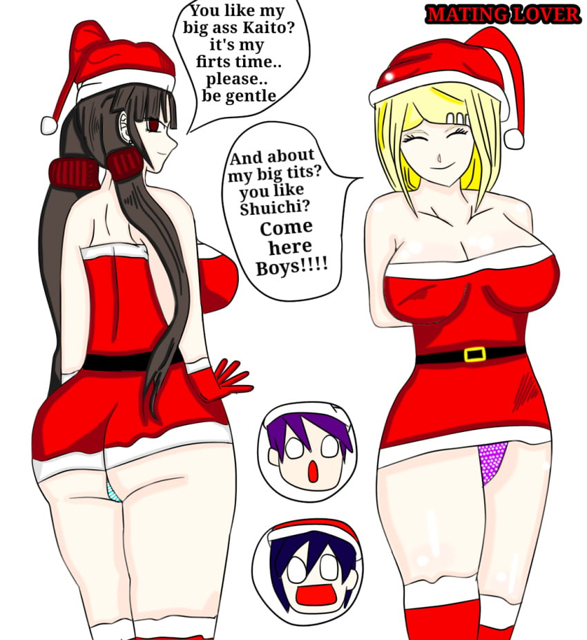 2boys 2girls akamatsu_kaede big_ass big_breasts blonde_hair blue_panties brown_hair christmas christmas_hat christmas_outfit danganronpa danganronpa_v3 dark_blue_hair english_text foursome hands_behind_back harukawa_maki looking_at_viewer looking_back mating_lover momota_kaito panties ponytail purple_hair purple_panties red_eyes saihara_shuuichi smiling straight straight_hair swingers text