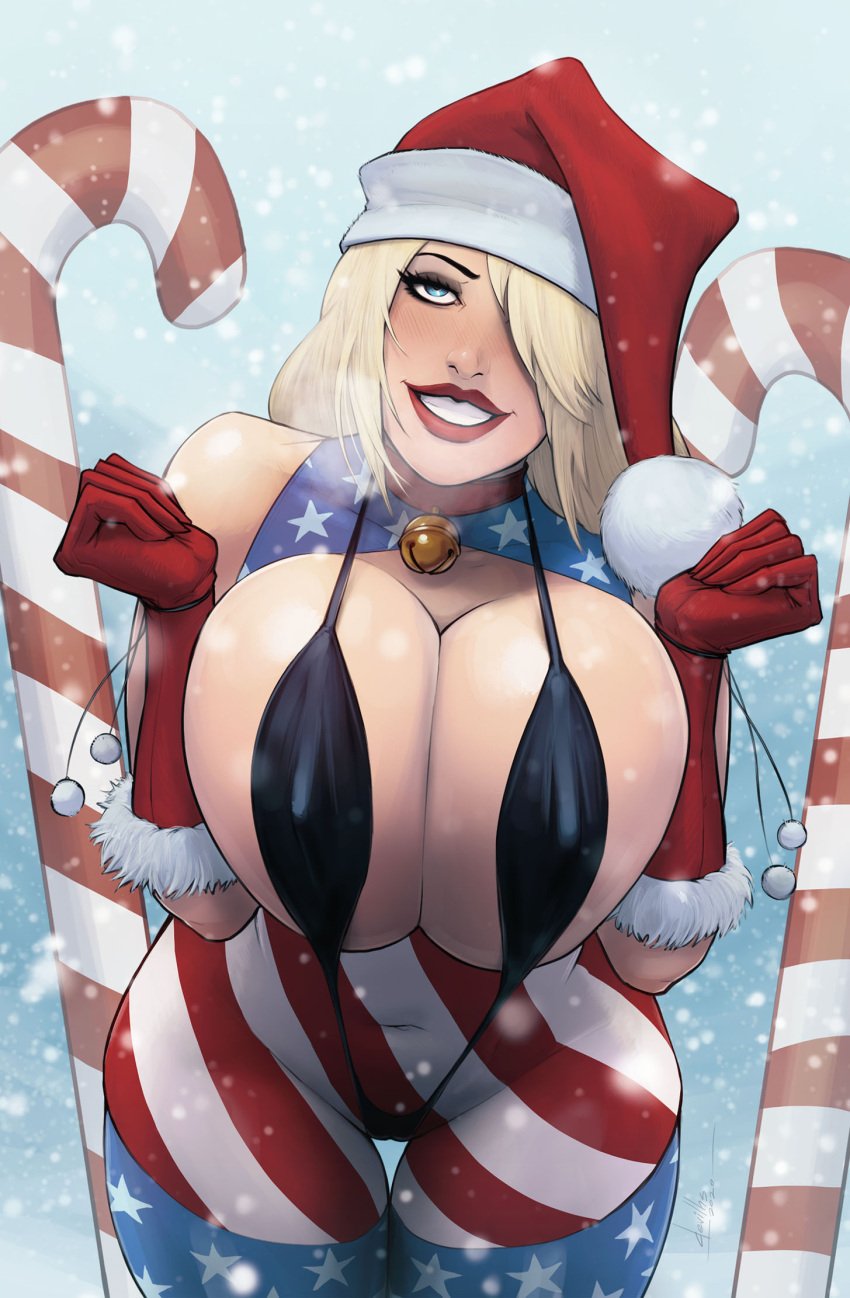 1girls american_flag american_flag_bodysuit american_flag_legwear big_breasts bimbo blonde_hair blue_eyes breasts busty christmas cleavage devil_hs female female_only hair_over_one_eye hourglass_figure huge_breasts large_breasts looking_at_viewer original patriotika presenting_breasts showing_off_breasts solo thick_thighs thigh_gap top_heavy wide_hips