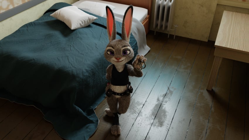 16:9 3d 3d_(artwork) anthro armor bed bedroom_setting belt belt_pouch blender_(software) body_armor bottomless clothed clothing digital_media_(artwork) disney female footwear fur furniture hand_behind_back handcuffs hi_res high-angle_view holding_object inside judy_hopps lagomorph leporid looking_at_viewer looking_up mammal multicolored_body multicolored_fur oldwing partially_clothed purple_eyes rabbit shackles smiling_at_viewer solo standing toeless_footwear two_tone_body two_tone_fur widescreen zootopia