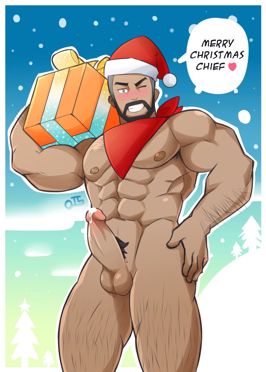 1boy abs absurdres arm_hair bara beard black_hair blush body_hair box buzz_cut christmas dark-skinned_male dark_skin english_text erection facial_hair gift gift_box green_eyes hat highres leg_hair male male_focus male_only merry_christmas muscular muscular_male navel navel_hair nintendo nipples npc_trainer nude one_eye_closed over_shoulder pectorals peony_(pokemon) pokemon pokemon_ss pokemon_ss_crown_tundra precum santa_costume santa_hat short_hair smile snowing solo tawan.lupin testicles thick_thighs thighs uncensored very_short_hair