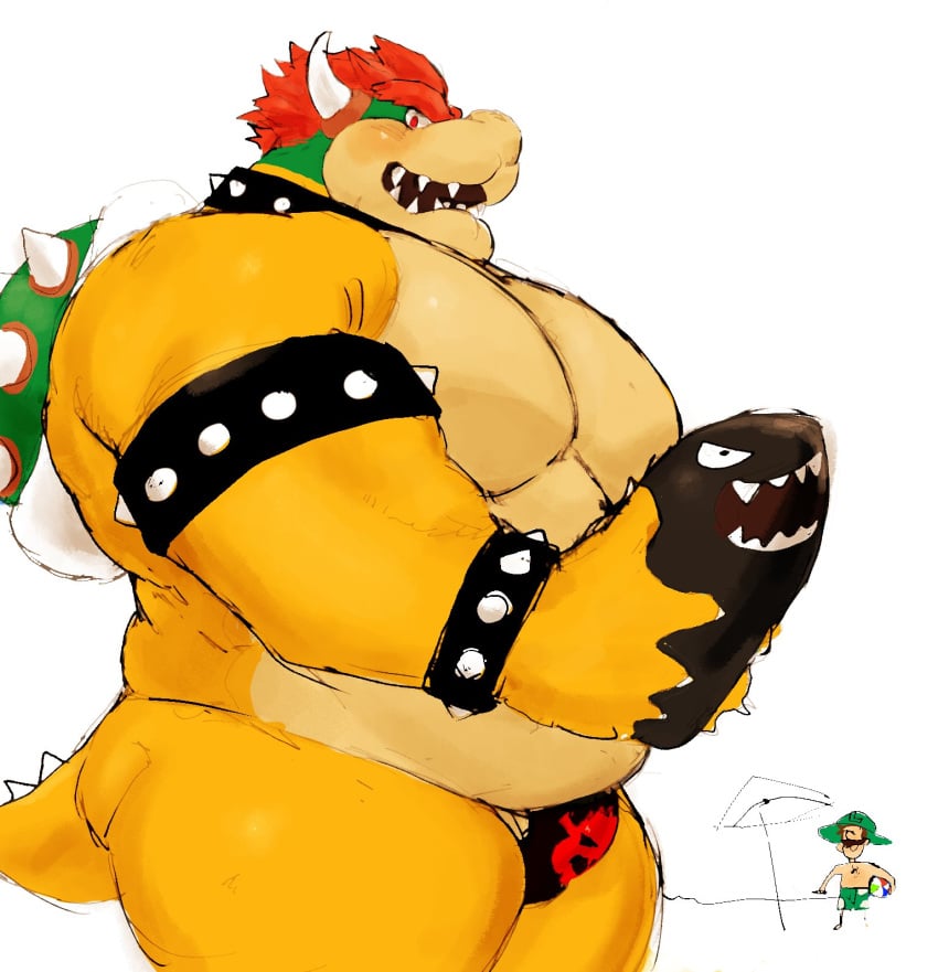 2020 anthro armband barazoku barely_visible_genitalia bowser bracelet bulge bullet_bill bullet_bill_underwear clothing collar duo eyebrows genitals hair hi_res horn human jewelry koopa luigi male male_only mammal mario_(series) moobs musclegut muscular muscular_anthro muscular_male nintendo open_mouth overweight overweight_anthro overweight_male red_hair scalie shell simple_background solo_focus spiked_armband spiked_bracelet spiked_collar spiked_shell spikes spikes_(anatomy) standing thick_eyebrows thick_thighs thong tora_gy underwear video_games white_background yellow_body