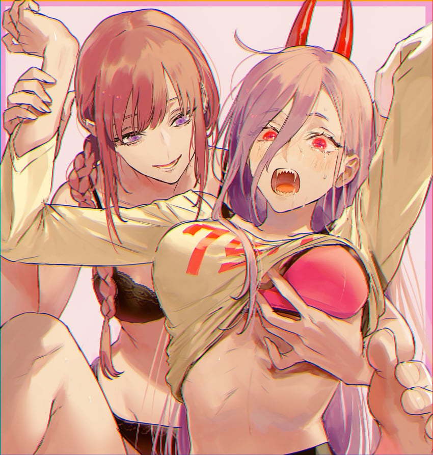 +_+ 2girls bikkusama bra brown_hair chainsaw_man chromatic_aberration clothing fangs female_only groping horns makima_(chainsaw_man) multiple_girls panties pink_hair power_(chainsaw_man) purple_eyes red_eyes shirt_lift smile tears underwear yuri