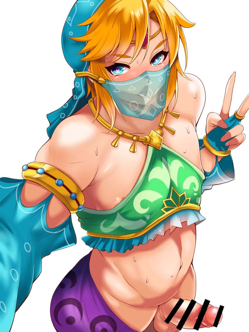 1boy alternate_version_available androgynous areola_slip bar_censor bare_shoulders blonde_hair blush bracer breath_of_the_wild canon_crossdressing censored crossdressing erection femboy front_view gerudo_link gerudo_outfit gerudo_top gerudo_veil girly green_eyes heart heart-shaped_pupils human hung_trap hylian link link_(breath_of_the_wild) looking_at_viewer male male_only nintendo penis pointless_censoring pose posing sakusaku_(sakusakucrab) sarong see_through selfie short_hair simple_background sketch small_breasts smiling solo sound_effect standing steam sweat the_legend_of_zelda tiara trap veil vein veins veiny veiny_penis white_background yellow_hair