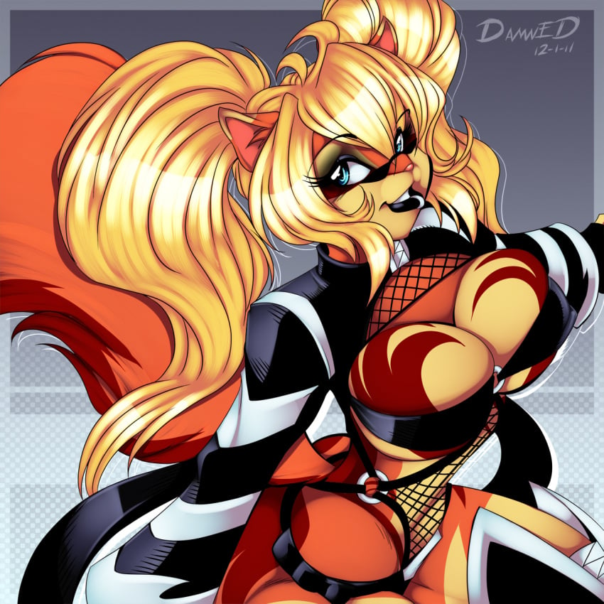 angel_kryis anthro anthro_on_anthro blonde_hair blue_eyes breasts brown_fur clothed clothing collab crystal-for-ever damnevildog felid feline female female_only fluffy fluffy_tail hair orange_fur partially_clothed simple_background tail two_tone_fur