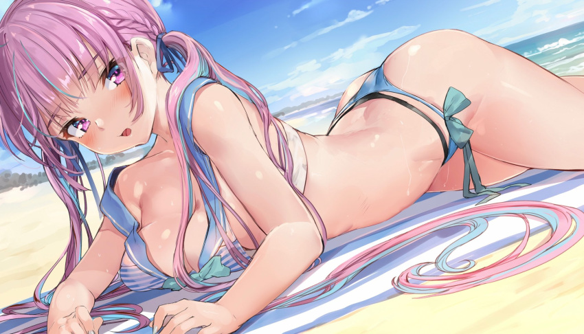 akasaai ass beach bikini blue_hair blush breasts female female_only hololive hololive_gen_2 hololive_japan minato_aqua purple_eyes purple_hair virtual_youtuber vtuber