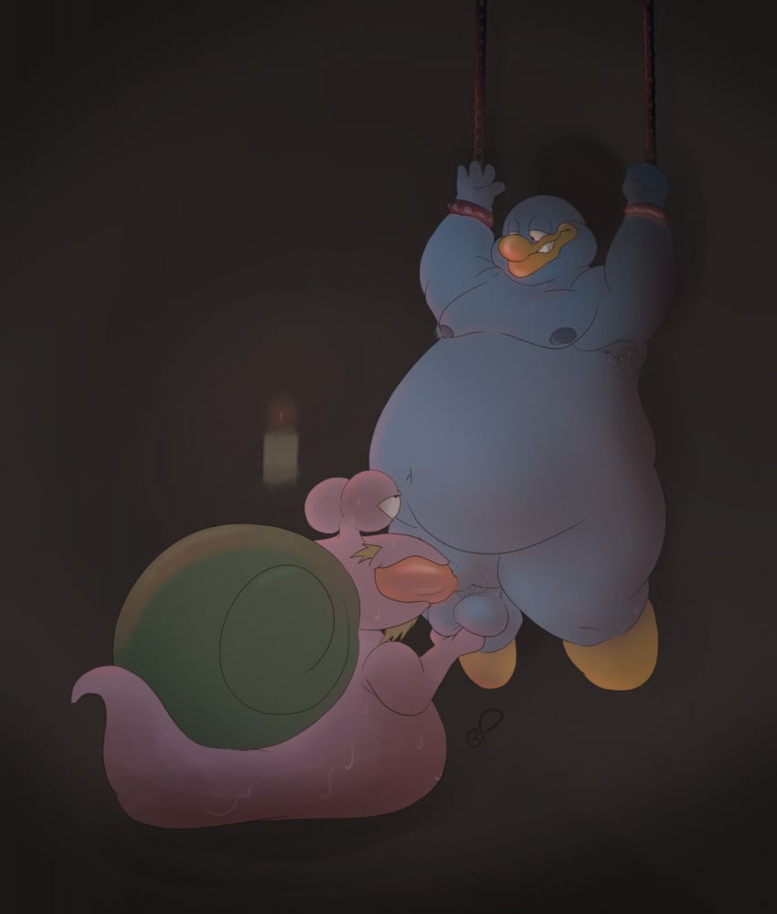 anthro avian ball_fondling balls bastardpalace belly bird bondage dungeon duo erection escargoon fondling gastropod genitals hi_res king_dedede kirby_(series) male male/male male_only mollusk nintendo nipples oral overweight penguin penis sex shackles snail video_games