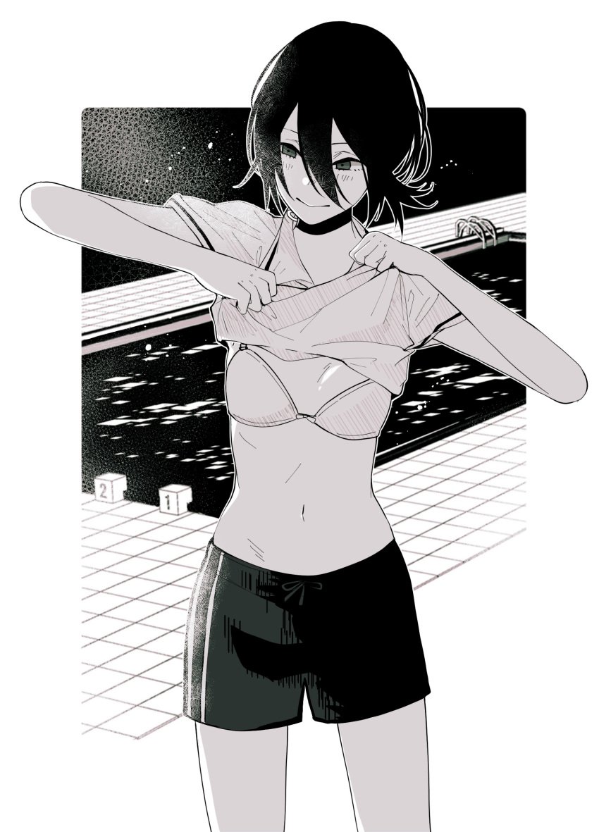 absurdres bare_arms black_choker black_hair black_legwear black_shorts blush bra breasts chainsaw_man choker female greyscale hair_bun hands_up highres lifted_by_self looking_to_the_side medium_hair monochrome pool poolside reze_(chainsaw_man) shirt shirt_lift short_hair shorts sleeveless small_breasts smile solo toukaairab underwear undressing white_bra white_shirt