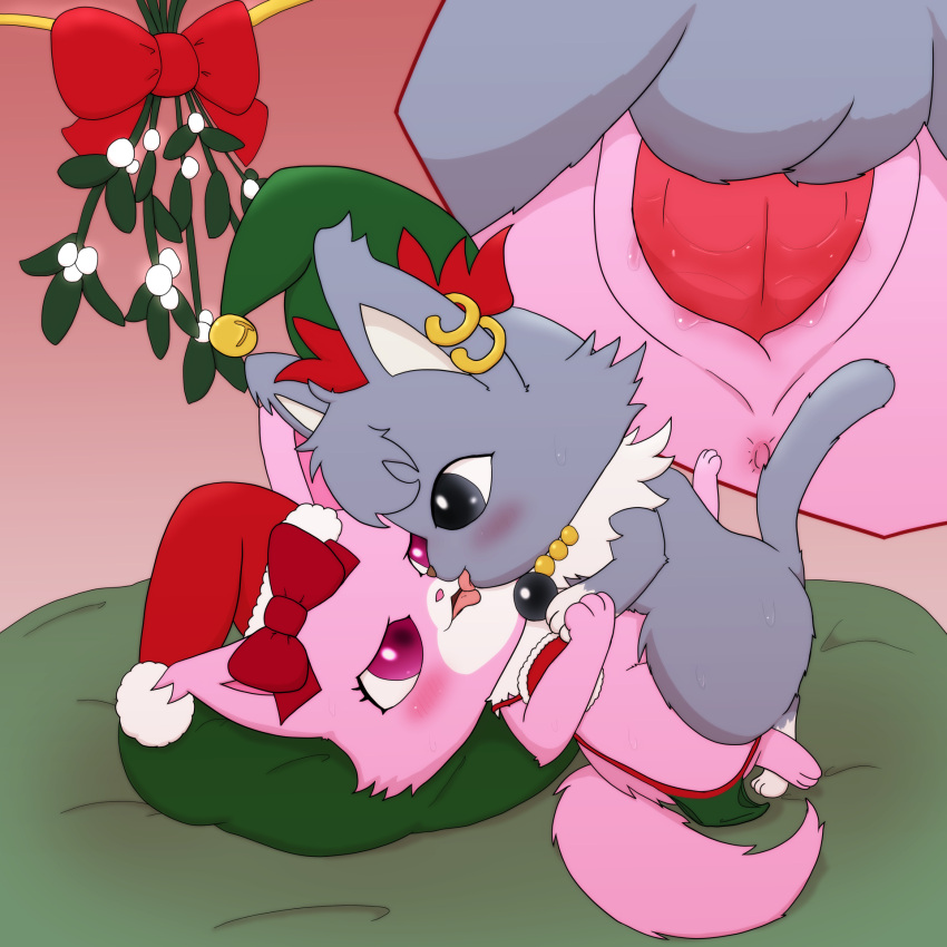 anthro anus balls blush bodily_fluids bra chibi christmas christmas_clothing christmas_headwear christmas_lingerie clothing clothing_aside dian_(jewelpet) domestic_cat duo ear_piercing elf_hat erection felid feline felis female fluffy fluffy_tail fur garnet_(jewelpet) genital_fluids genitals grey_body grey_eyes grey_fur hat headgear headwear hi_res holidays improbable_(artist) jewelpet jewelry lingerie maine_coon male mammal necklace panties panties_aside penetration penis persian_cat piercing pink_body pink_eyes pink_fur pussy pussy_juice sanrio santa_hat straight underwear underwear_aside vaginal_penetration wide_hips