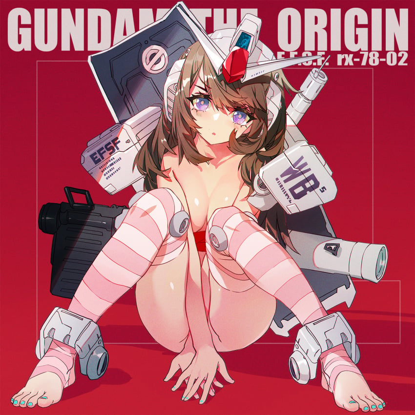 1girls 2020 breasts brown_hair clothed clothing female female_focus female_only functionally_nude grandialee gundam light-skinned_female light_skin looking_at_viewer mecha_musume mobile_suit_gundam partially_clothed pink_eyes rx-78-2 solo solo_female solo_focus stockings