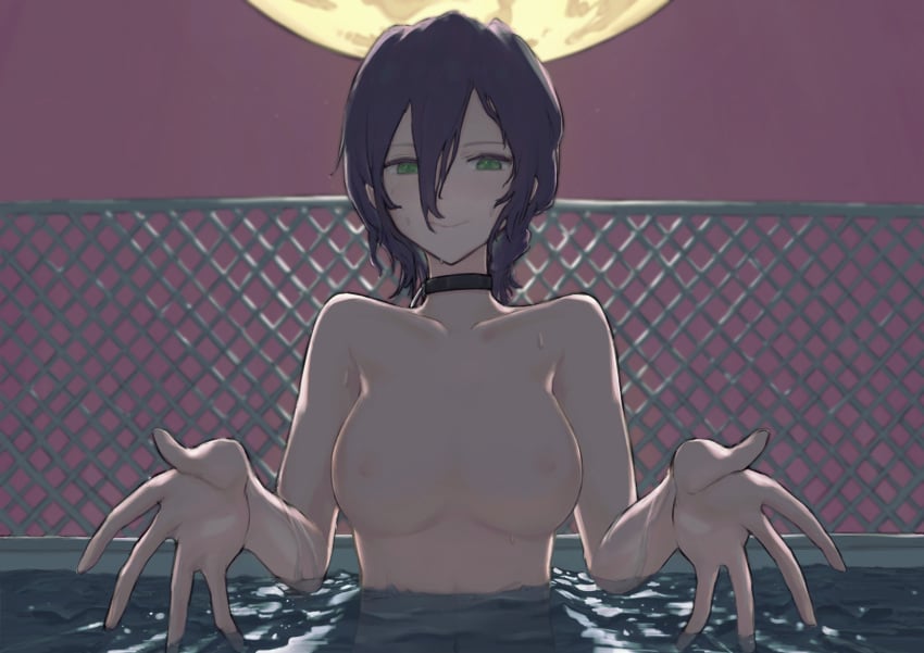 900p absurdres areolae bad_hands black_choker black_hair breasts chainsaw_man choker collarbone commentary female green_eyes hair_between_eyes highres looking_at_viewer medium_breasts medium_hair moon moonlight navel night night_sky nipples nude outdoors partially_submerged pool reze_(chainsaw_man) sky smile solo standing water