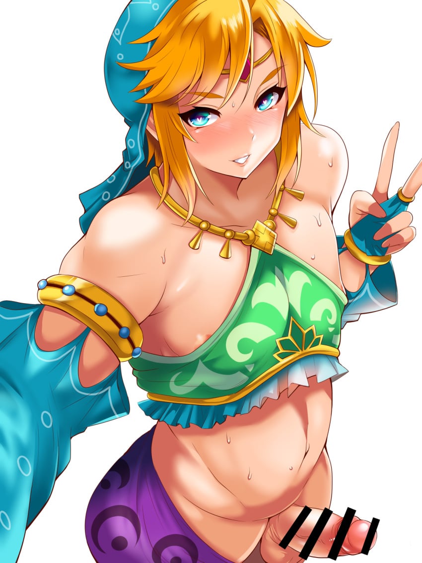 1boy alternate_version_available androgynous areola_slip bar_censor bare_shoulders blonde_hair blush bracer breath_of_the_wild canon_crossdressing censored crossdressing erection femboy front_view gerudo_link gerudo_outfit gerudo_top girly green_eyes heart heart-shaped_pupils human hung_trap hylian link link_(breath_of_the_wild) looking_at_viewer male male_only nintendo pale-skinned_femboy penis pointless_censoring pose posing sakusaku_(sakusakucrab) sarong selfie short_hair simple_background sketch small_breasts smiling solo sound_effect standing steam swana_clothing sweat the_legend_of_zelda tiara trap vein veins veiny veiny_penis white_background yellow_hair