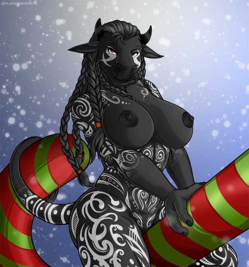 2020 3_fingers abs anthro areola ass big_breasts black_areola black_body black_fur black_hair black_nipples blizzard_entertainment bovid bovine braided_hair breasts candy candy_cane christmas dessert ebon_thundermoon eyelashes female female_minotaur fingers food fur furry genitals hair hi_res holidays horns looking_at_viewer mammal markings minotaur_female monster_girl muscular muscular_anthro muscular_female nipples nude pinup planktonheretic portrait pose pussy quads red_eyes sitting snow solo tattoo tauren tauren_female thick_thighs three-quarter_portrait tribal_markings tribal_tattoo video_games warcraft white_markings wide_hips wrappings