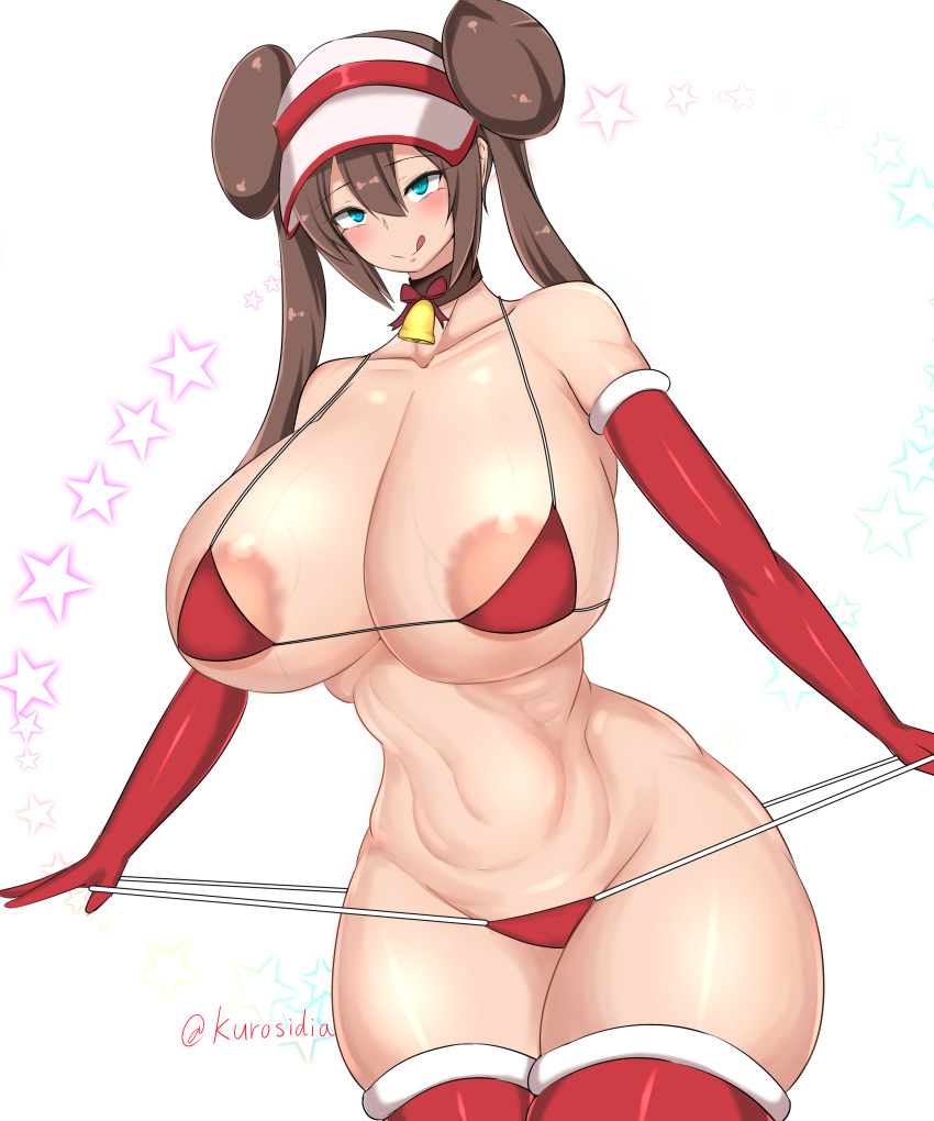 1girls alternate_breast_size big_breasts blue_eyes blush brown_hair cap christmas christmas_outfit double_bun eye_contact female gloves hat huge_breasts kurosui large_breasts looking_at_viewer nintendo pokemon pokemon_bw2 rosa_(pokemon) solo solo_female standing thick_thighs thighs thong twintails white_background wide_hips