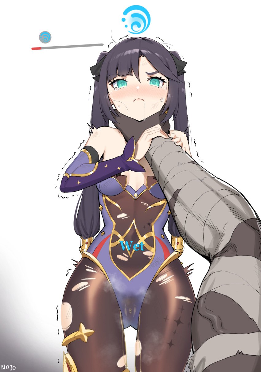 asphyxiation black_hair blue_eyes blush gameplay_mechanics genshin_impact hand_around_neck health_bar hp_bar lifting lifting_person mona_(genshin_impact) nojo peeing peeing_self ripped_clothing ripped_pantyhose saliva scared skin_tight status_effect strangling tagme tears twintails twitching urine wet