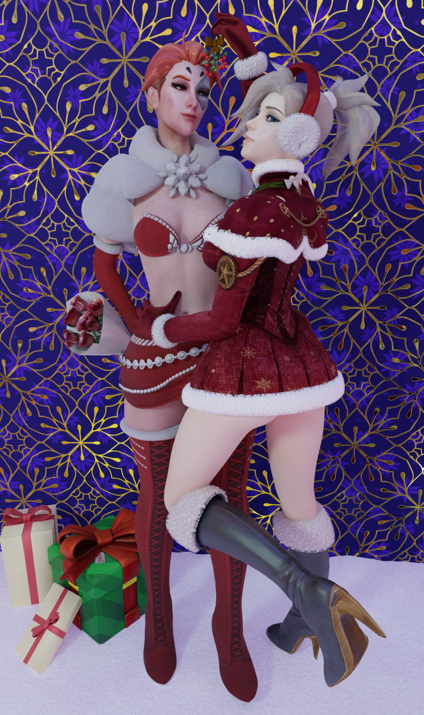 2girls 3d blizzard_entertainment blonde_hair blue_eyes bra christmas christmas_present female female_only heterochromia high_heel_boots high_heels looking_at_viewer lootbox mercy miniskirt mistletoe moira momma-sleeptalker overwatch red_eyes red_hair skimpy skimpy_clothes tagme