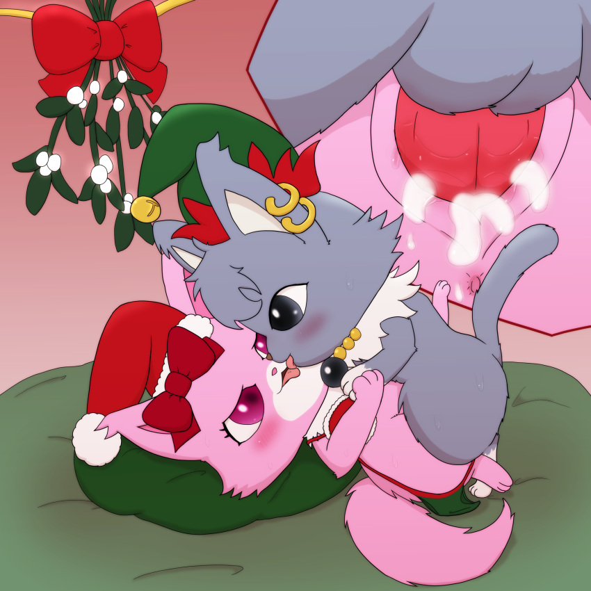 anthro anus balls blush bodily_fluids bra chibi christmas christmas_clothing christmas_headwear christmas_lingerie clothing clothing_aside cum cum_in_pussy cum_inside dian_(jewelpet) domestic_cat duo ear_piercing elf_hat erection felid feline felis female fluffy fluffy_tail fur garnet_(jewelpet) genital_fluids genitals grey_body grey_eyes grey_fur hat headgear headwear hi_res holidays improbable_(artist) jewelpet jewelry lingerie maine_coon male mammal mistletoe necklace panties panties_aside penetration penis persian_cat piercing pink_body pink_eyes pink_fur plant pussy pussy_juice sanrio santa_hat straight tongue tongue_out underwear underwear_aside vaginal_penetration wide_hips