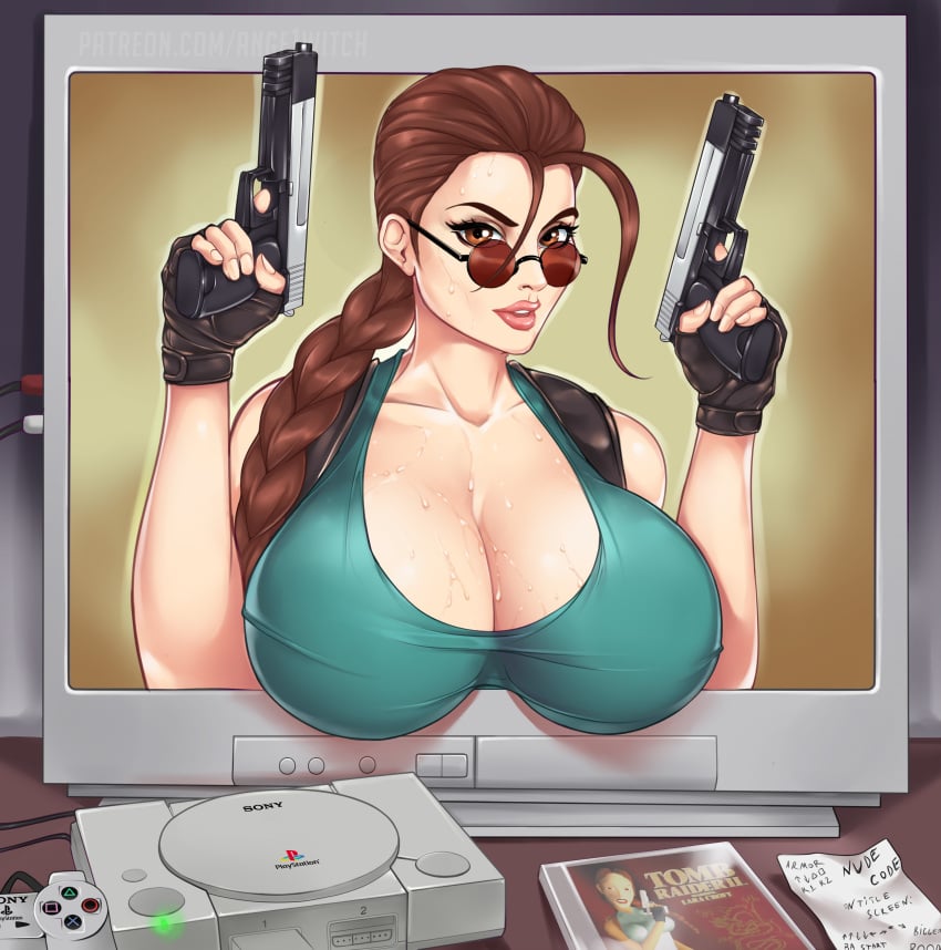 1girls ange1witch areolae bag big_breasts breasts eidos electronics eyewear female female_only firearm gun handgun handwear huge_breasts human lara_croft lara_croft_(classic) large_breasts long_hair looking_over_eyewear looking_over_glasses pale_skin pistol playstation red-tinted_eyewear solo sunglasses tagme tinted_eyewear tomb_raider weapon